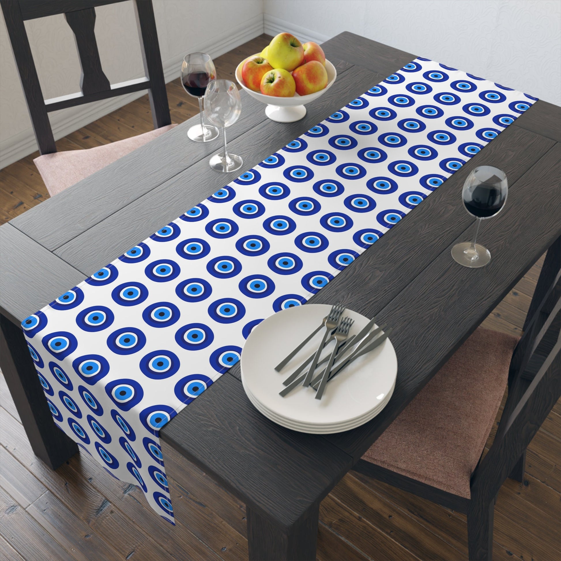 evil eye table runner blue and white