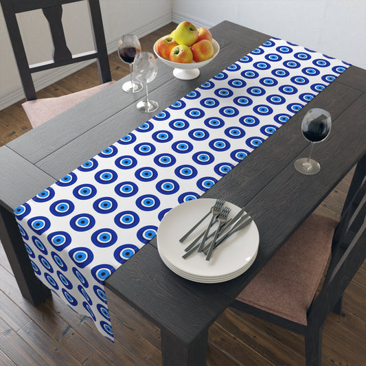 evil eye table runner blue and white